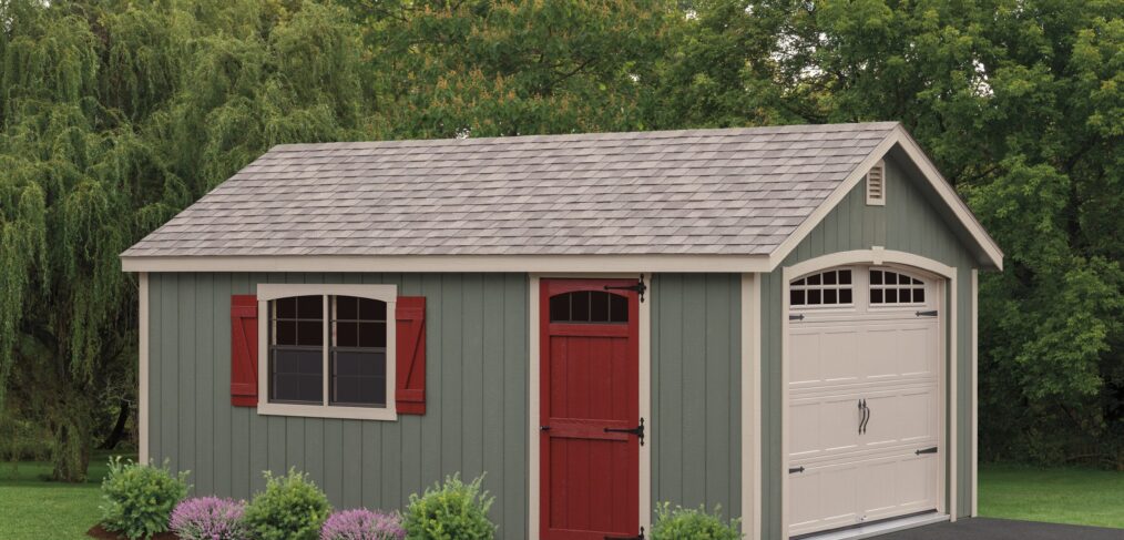 olive colored A frame shed