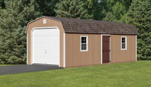 Dutch barn style garage with light brown wood siding, white trim, brown roofing, dark brown single entry side door, and white rolling garage door.