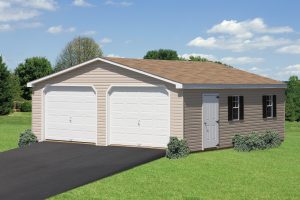 Double wide garage with tan vinyl siding, 2 white garage doors, a white single entry door on the side, brown roofing, and two windows with black shutters.