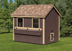 6x8 A-Frame chicken coop with dark brown wood siding, tan trim, and brown roofing.