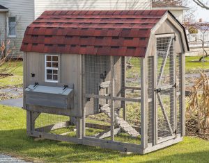 Gambrel chicken coop with wood siding, chicken run, tall door, window, and red roofing.