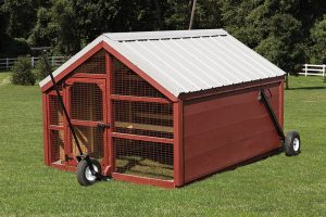 Moveable chicken coop on wheels with red wood siding, an enclosed chicken run, and metal roofing.