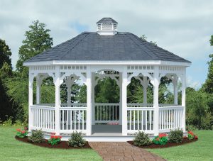 12x16 white vinyl oval gazebo with gray roofing and a white cupola.