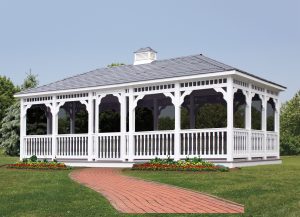 12x24 white vinyl rectangle gazebo with screened in sides, a door, gray roofing, and a white cuploa.