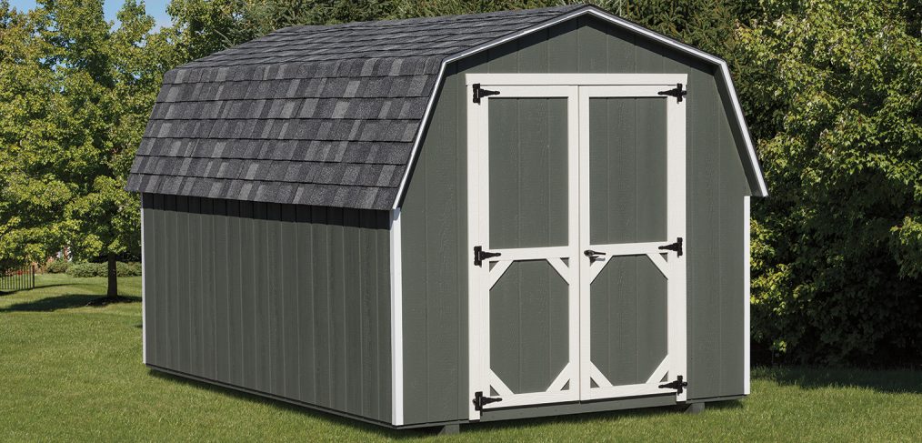 Mini Barn Shed with green wood siding, white trim, gray asphalt roofing, and green double doors with white trim.