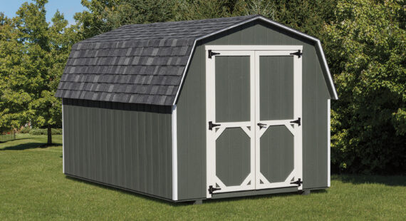 Mini Barn Shed with green wood siding, white trim, gray asphalt roofing, and green double doors with white trim.