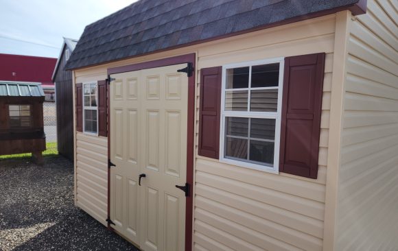 Stock#39-23 8×12 vinyl Dutch Barn  w/3 lofts, painted doors $4589.00