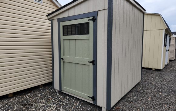 Stock#49-23 6×6 painted lean to,  painted transom door Sage, $2763