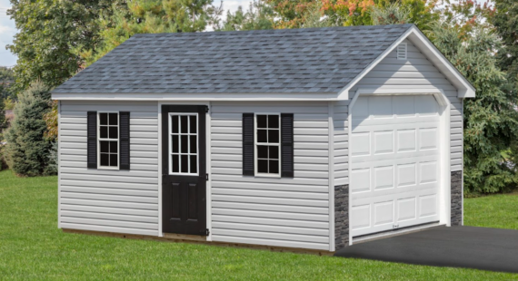 A-frame garage shed with gray siding, black doors and windows, and white garage door