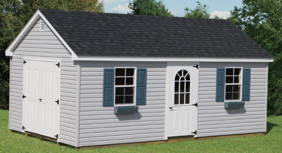 a-frame shed with two white doors, grey siding, and blue shutters on the windows