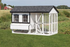 white chicken coop with hen house and run